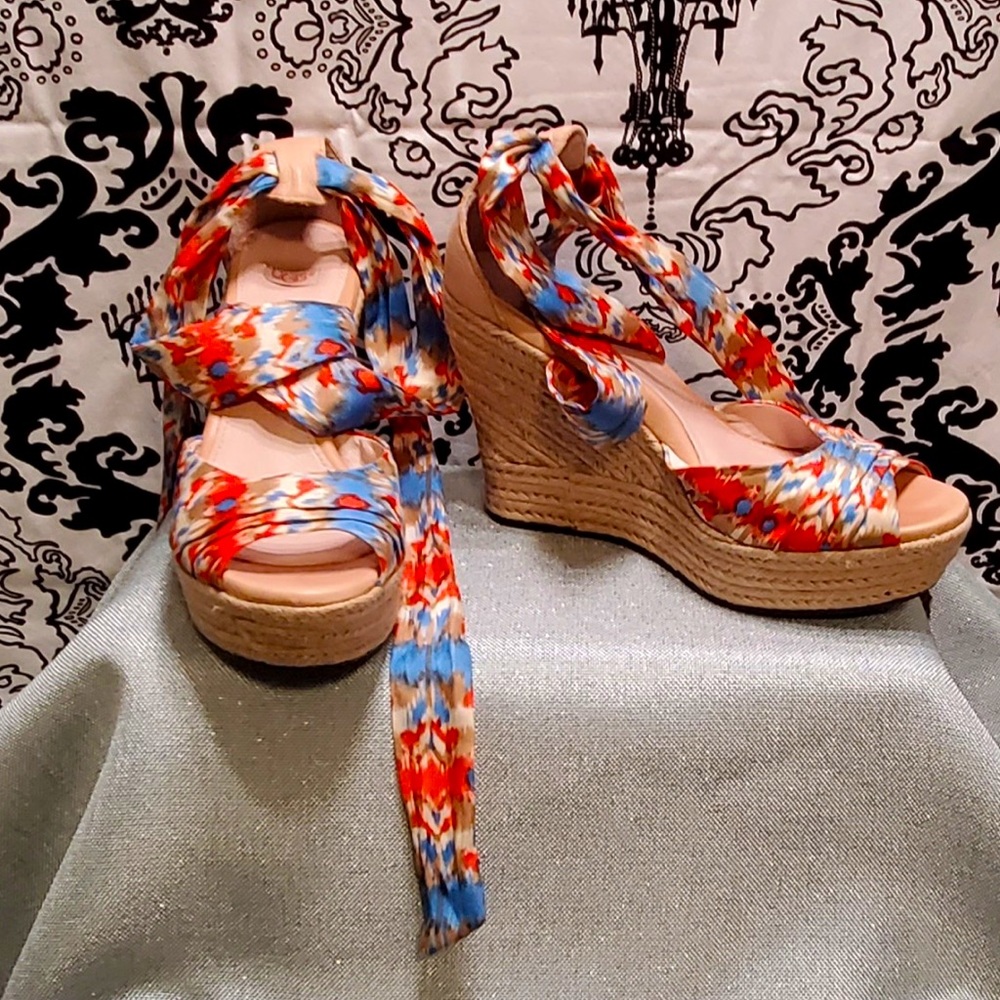 UGG Luciana Multi Colored Open Santorini Espadrilles Tie Up Wedge Sandals